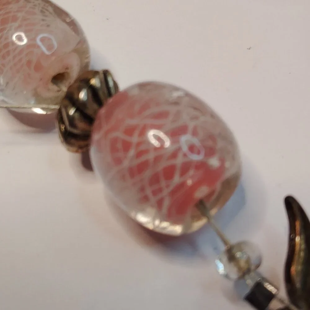 Artisan Made Vintage Pink Glass Bead Necklace Filigree Heart Dangle 19